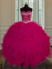 Affordable Beading and Ruffles Sweet 16 Quinceanera Dress Fuchsia Lace Up Sleeveless Floor Length