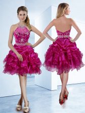 High Class Halter Top Fuchsia Sleeveless Beading and Ruffles and Pick Ups Knee Length Prom Gown