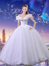  Cinderella Off The Shoulder Sleeveless 15 Quinceanera Dress Floor Length Beading and Bowknot White Tulle