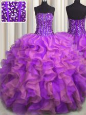 Colorful Visible Boning Beaded Bodice Multi-color Ball Gowns Organza Strapless Sleeveless Beading and Ruffles Floor Length Lace Up 15 Quinceanera Dress