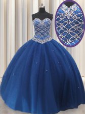  Beading and Sequins Quince Ball Gowns Royal Blue Lace Up Sleeveless Floor Length