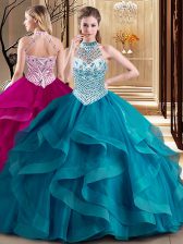  Teal Ball Gowns Tulle Halter Top Sleeveless Beading and Ruffles With Train Lace Up Ball Gown Prom Dress Brush Train