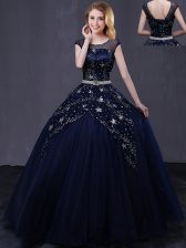  Scoop Cap Sleeves Tulle Sweet 16 Dresses Beading and Belt Lace Up