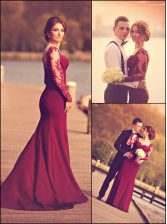  Burgundy Long Sleeves With Train Lace and Appliques Zipper Dress for Prom