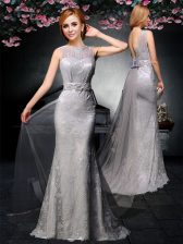  Backless With Train Grey Dress for Prom Tulle and Lace Watteau Train Sleeveless Lace and Belt