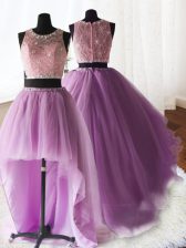  Three Piece Scoop Sleeveless Brush Train Zipper Quinceanera Gown Lilac Organza and Tulle and Lace