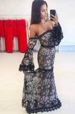 Lovely Mermaid Off the Shoulder Long Sleeves Sweep Train Zipper Lace Prom Dress