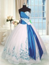  Organza Sweetheart Sleeveless Lace Up Embroidery and Sashes ribbons Sweet 16 Dress in Blue And White