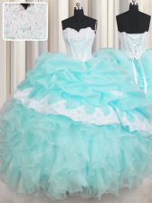Custom Designed Sweetheart Sleeveless Quinceanera Gown Floor Length Beading and Appliques and Ruffled Layers Baby Blue Organza