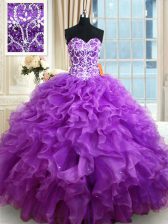 High Quality Purple Sleeveless Floor Length Beading and Ruffles Lace Up 15th Birthday Dress