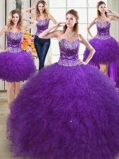 Low Price Four Piece Eggplant Purple Sweetheart Neckline Beading and Ruffles 15 Quinceanera Dress Sleeveless Lace Up