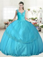 Most Popular Straps Aqua Blue Sleeveless Tulle Lace Up Ball Gown Prom Dress for Military Ball and Sweet 16 and Quinceanera