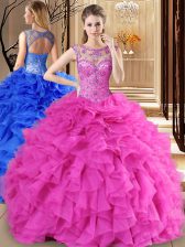 Customized Scoop Sleeveless Floor Length Beading and Ruffles Lace Up Sweet 16 Dresses with Hot Pink