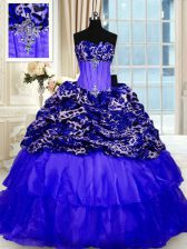Stunning Royal Blue Organza and Printed Lace Up Sweetheart Sleeveless Sweet 16 Dress Sweep Train Beading and Ruffled Layers and Sequins