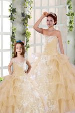  Ruffled Floor Length Ball Gowns Sleeveless Champagne Quinceanera Gown Lace Up