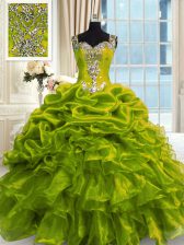 Fitting Straps Sleeveless Sweet 16 Quinceanera Dress Floor Length Beading Olive Green Organza