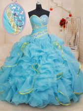  Sweetheart Sleeveless Brush Train Lace Up Ball Gown Prom Dress Baby Blue Organza