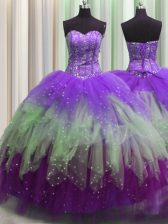  Visible Boning Sleeveless Beading and Ruffles and Sequins Lace Up Quinceanera Dress