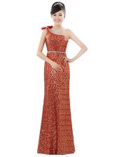 Modest One Shoulder Sequins Floor Length Column/Sheath Sleeveless Orange Prom Party Dress Zipper