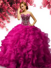  Sleeveless Organza Floor Length Lace Up Quinceanera Gowns in Fuchsia with Beading and Ruffles