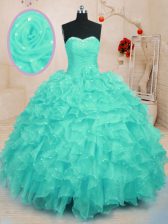 Hot Selling Turquoise Sweet 16 Quinceanera Dress Military Ball and Sweet 16 and Quinceanera with Beading and Ruffles and Hand Made Flower Sweetheart Sleeveless Lace Up