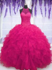 Free and Easy High-neck Sleeveless Lace Up Quinceanera Gown Hot Pink Organza