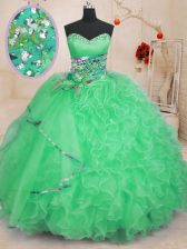 Chic Apple Green Sleeveless Floor Length Beading and Ruffles Lace Up Sweet 16 Dress