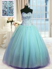  Light Blue Sweetheart Neckline Beading and Ruching Ball Gown Prom Dress Sleeveless Lace Up