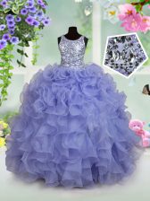 Most Popular Organza Scoop Sleeveless Zipper Ruffles and Sequins Little Girls Pageant Gowns in Light Blue