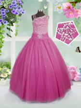  Floor Length Rose Pink Child Pageant Dress Asymmetric Sleeveless Side Zipper