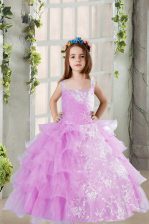 Fashion Lavender Square Lace Up Lace and Ruffled Layers Party Dress for Toddlers Sleeveless