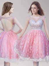  Scoop Pink And White Sleeveless Lace Backless Dress for Prom for Prom and Party