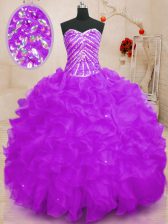 High Class Purple Ball Gowns Sweetheart Sleeveless Organza Floor Length Lace Up Beading and Ruffles and Sequins Quinceanera Dresses