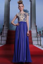 Elegant Royal Blue Scoop Neckline Embroidery and Sequins Prom Dresses Cap Sleeves Zipper
