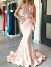  Mermaid Peach Zipper Halter Top Appliques Prom Evening Gown Satin Sleeveless Brush Train