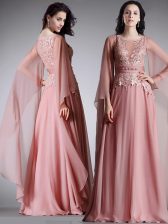 Glorious Scoop Pink 3 4 Length Sleeve Floor Length Lace and Belt Zipper Prom Dresses