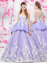 Chic Scoop Floor Length Lace Up 15th Birthday Dress Lavender for Military Ball and Sweet 16 and Quinceanera with Appliques