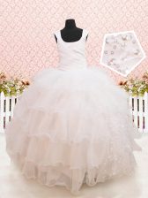Glittering Scoop White Lace Up Flower Girl Dresses Beading and Ruffled Layers and Sequins Sleeveless Floor Length