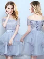 Cute Off the Shoulder Short Sleeves Lace and Ruffles and Belt Lace Up Vestidos de Damas