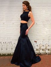 Best Selling Elastic Woven Satin Bateau Sleeveless Brush Train Zipper Ruching Prom Evening Gown in Black