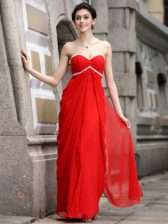 Best Coral Red Chiffon Zipper Sweetheart Sleeveless Ankle Length Prom Dresses Beading