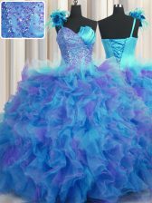  Handcrafted Flower Multi-color Ball Gowns One Shoulder Sleeveless Tulle Floor Length Lace Up Beading and Ruffles and Hand Made Flower 15th Birthday Dress