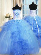  Pick Ups Floor Length Blue Sweet 16 Dress Strapless Sleeveless Lace Up
