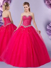 High Quality Coral Red Ball Gowns Beading Vestidos de Quinceanera Lace Up Tulle Sleeveless Floor Length