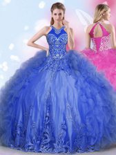  Halter Top Royal Blue Lace Up 15 Quinceanera Dress Appliques and Ruffles Sleeveless Floor Length