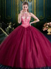 High Class Halter Top High-neck Sleeveless Tulle Sweet 16 Dress Beading and Lace and Appliques Lace Up