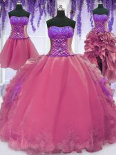 Four Piece Pink Sleeveless Organza Lace Up Vestidos de Quinceanera for Military Ball and Sweet 16 and Quinceanera