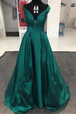  Off the Shoulder Teal A-line Pleated Prom Party Dress Zipper Satin Sleeveless