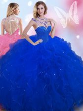 Sleeveless Tulle Floor Length Zipper 15 Quinceanera Dress in Royal Blue with Beading