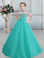  Halter Top Sleeveless Organza Floor Length Lace Up Little Girls Pageant Gowns in Turquoise with Beading
